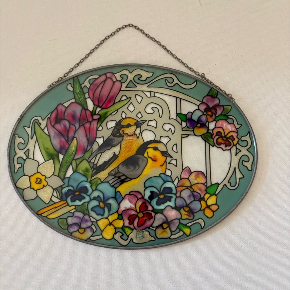 Vintage Stained Glass Suncatcher Window Hanger Orioles Birds Flowers Oval 9x6.5